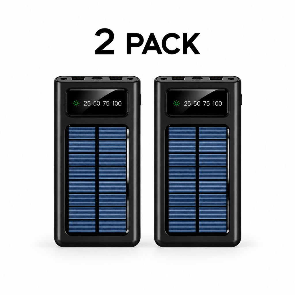 2-Pack LED Portable SolarSync Power Banks – Solar Charging, Multi-Port Connectivity & Built-In Flashlight