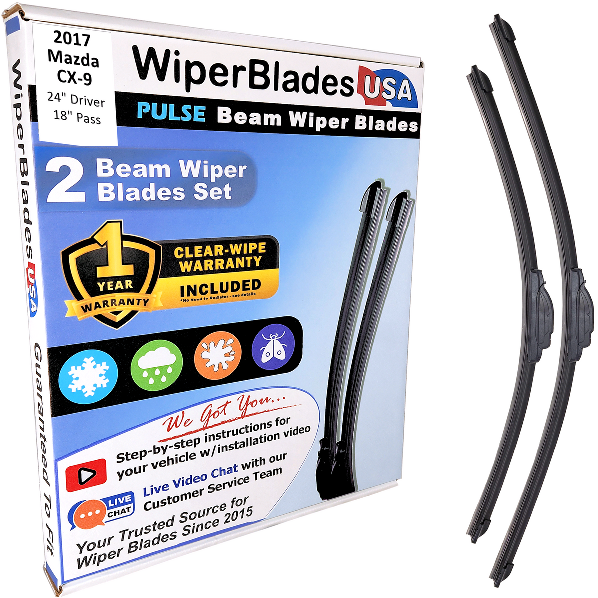 2017 Mazda CX-9 Wiper Blades Set w/1yr Warranty (Set of 2) Pulse Beam Wipers