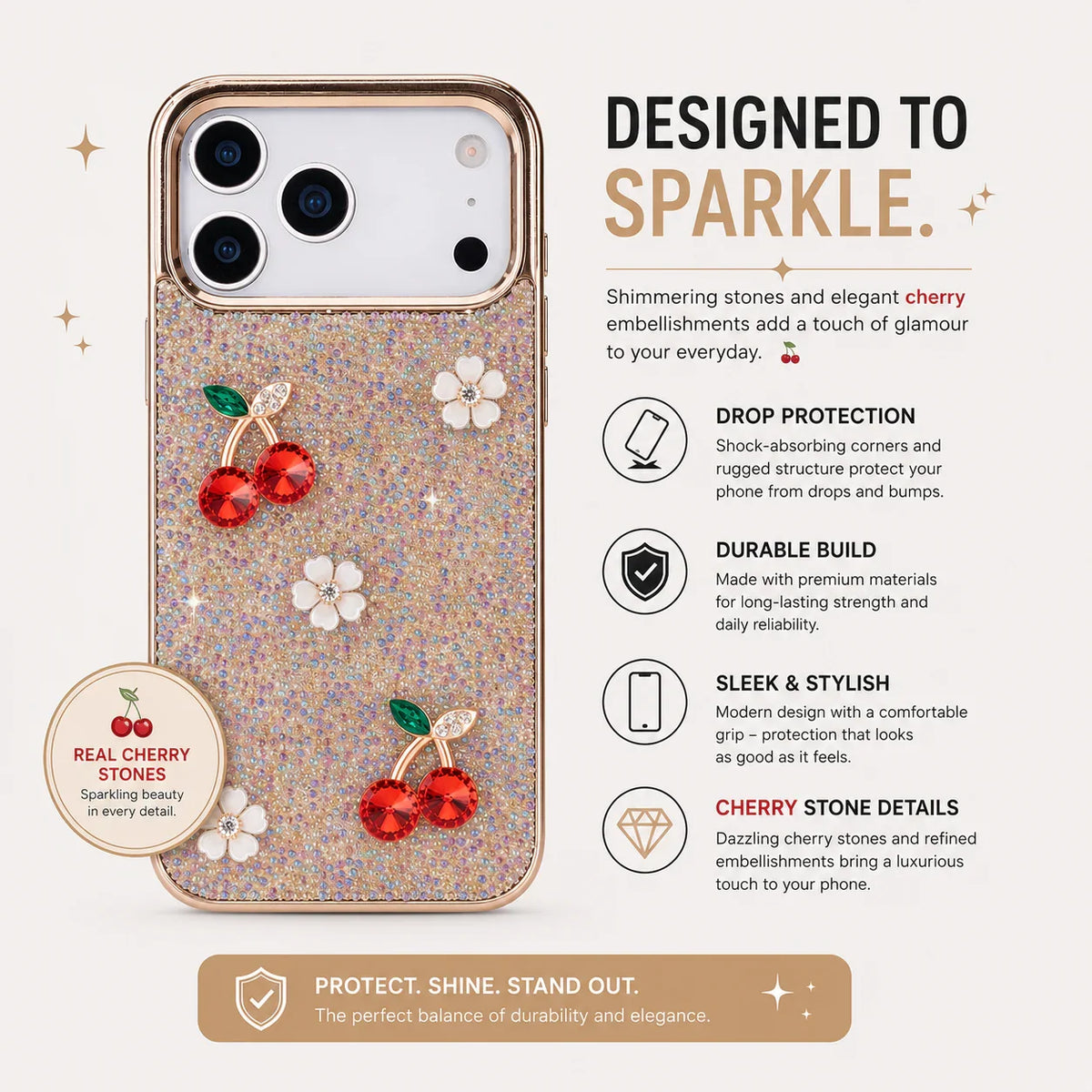 Hilo Crystal Cherry iPhone 18 Pro Max Case – Gold-Tone Frame
