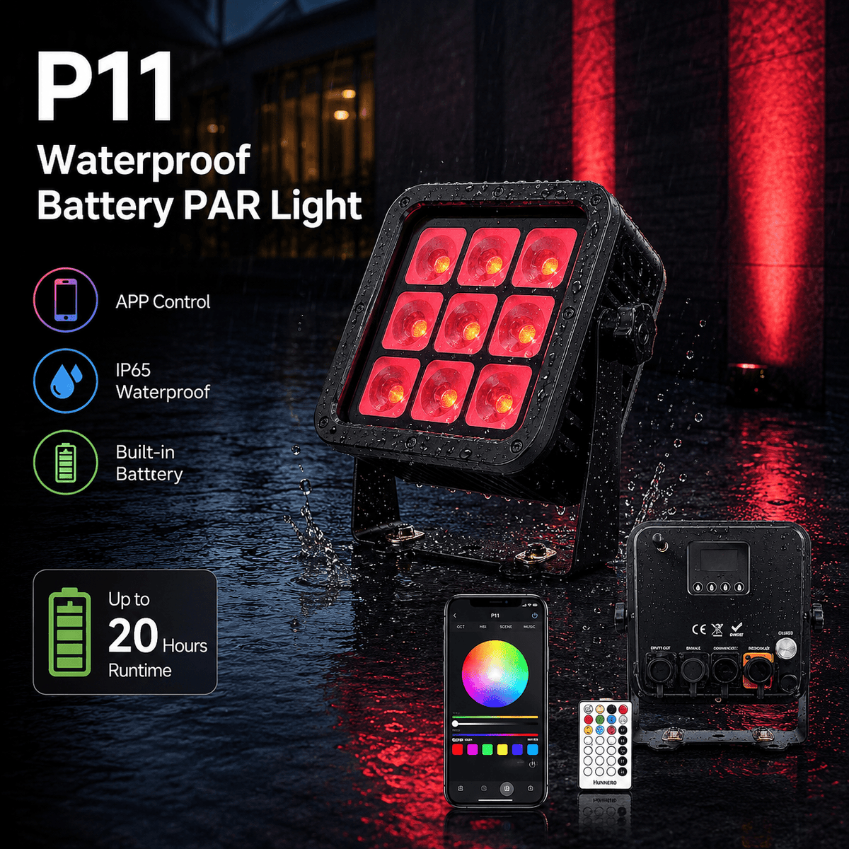 P11 Wireless DMX Battery LED Par Light 90W IP65 for Outdoor Events